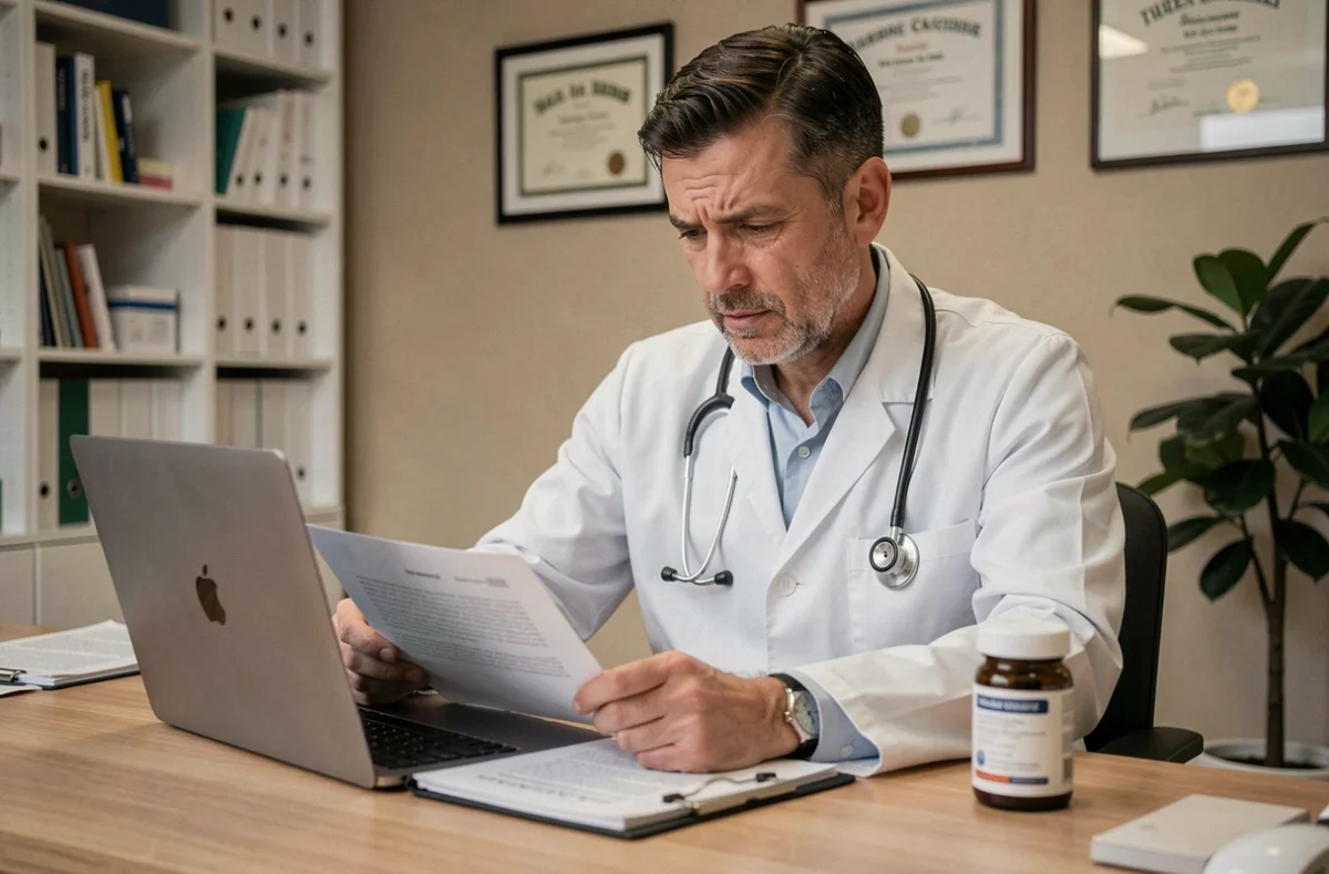 Médecin généraliste examinant des documents sur un complément alimentaire comme Lumilean dans un cabinet médical moderne