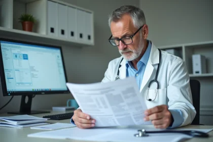 Médecin hépatologue analysant les résultats d'un bilan hépatique SGPT en consultation médicale