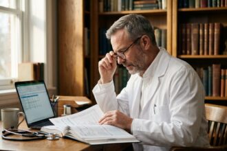 Médecin homme en blouse blanche analysant des documents comptables et financiers sur son bureau de cabinet médical