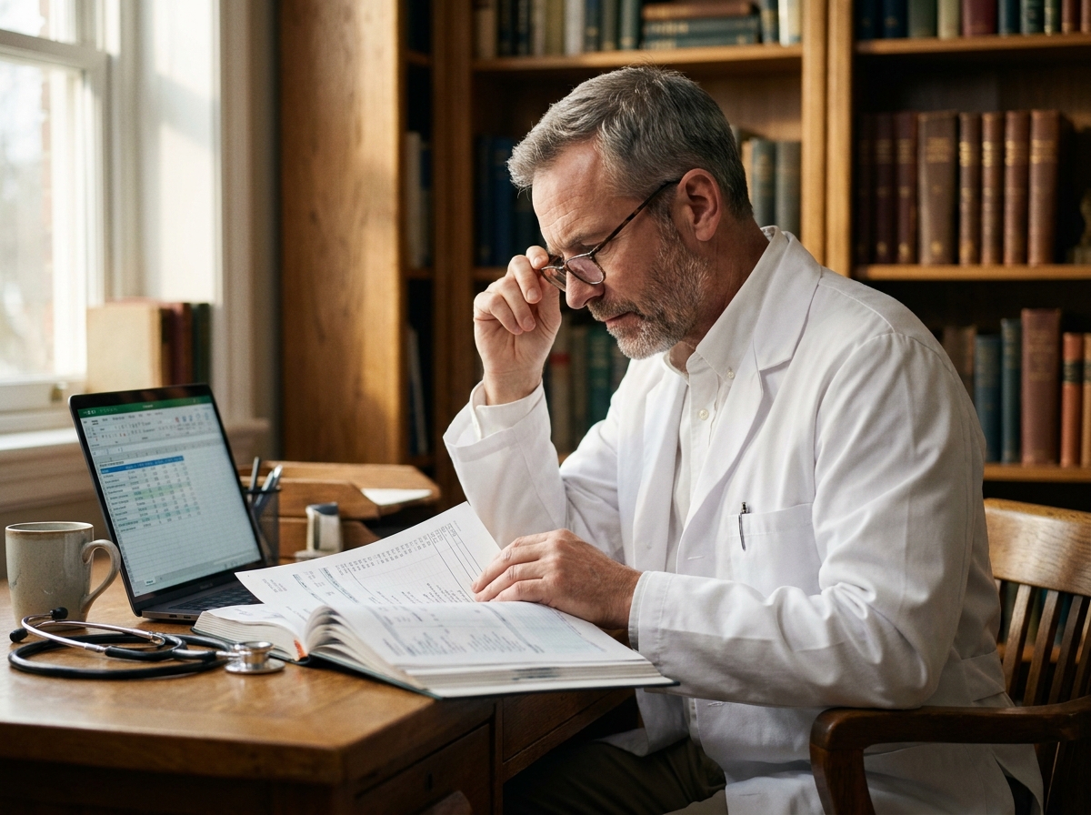 Médecin homme en blouse blanche analysant des documents comptables et financiers sur son bureau de cabinet médical