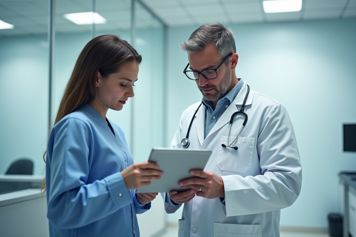 Medecin et patient analysant des données de santé sur une tablette
