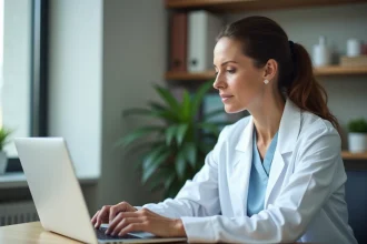 Médecin consultant des résultats d'analyses médicales en ligne sur un ordinateur portable dans un cabinet professionnel
