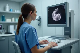 Médecin gynécologue analysant une échographie du sac gestationnel à 5 semaines d'aménorrhée sur un écran médical