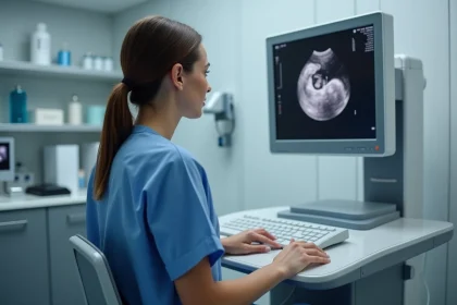 Médecin gynécologue analysant une échographie du sac gestationnel à 5 semaines d'aménorrhée sur un écran médical