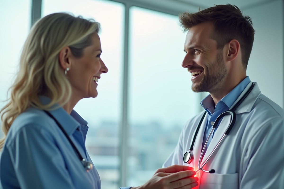 Jeune medecin écoute le coeur d'une patiente lors d'un examen