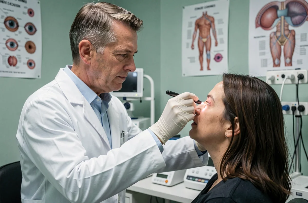 Médecin ophtalmologiste examinant l'œil gonflé d'un patient en consultation médicale