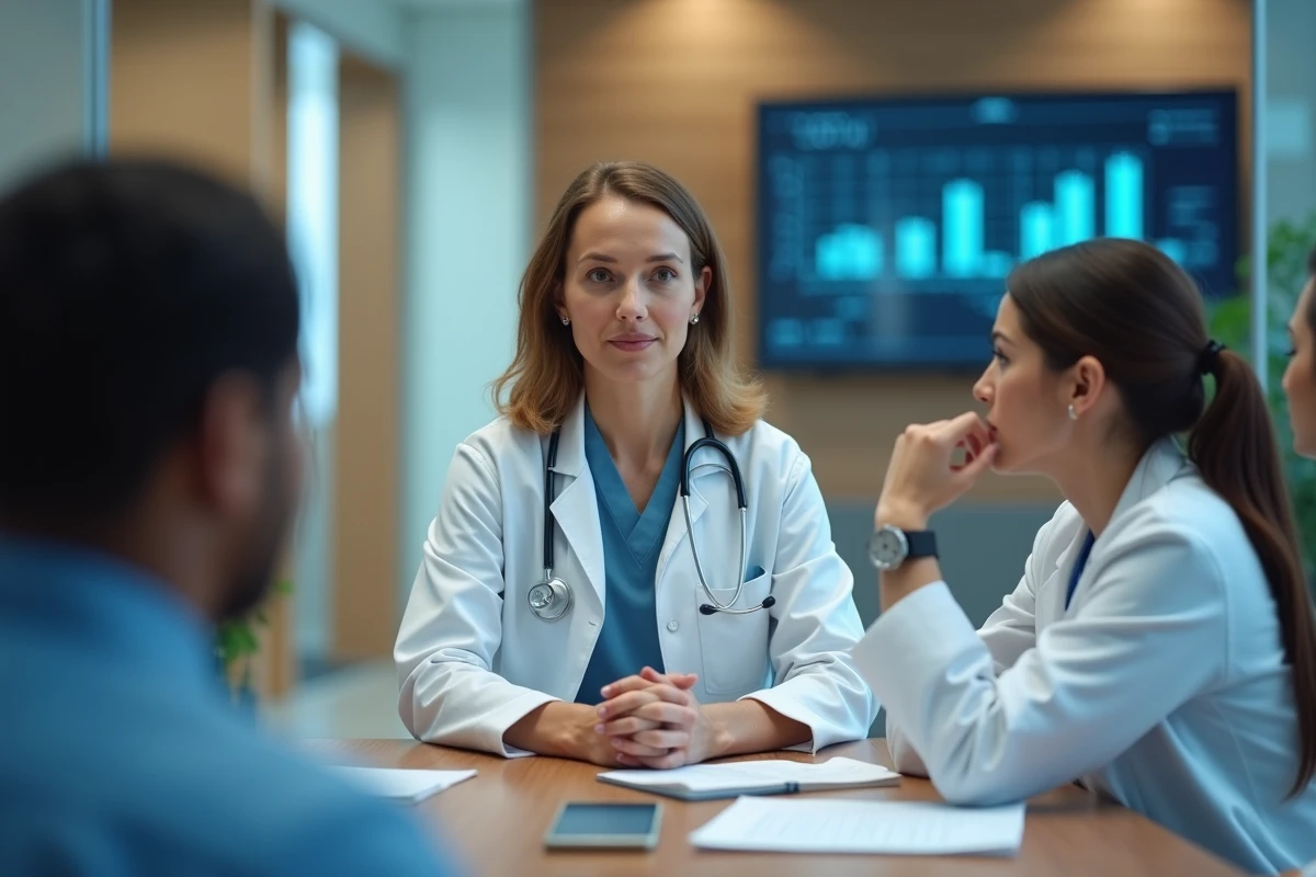 Médecin femme en réunion avec un collègue dans une salle moderne