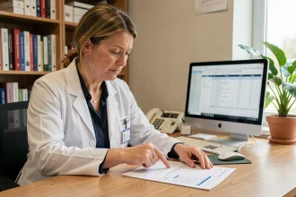 Médecin généraliste féminine analysant les résultats d'un marqueur tumoral CA 19-9 dans son cabinet médical