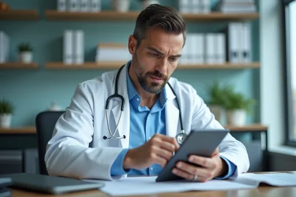 M&eacute;decin homme en blouse blanche utilisant une tablette dans un bureau moderne