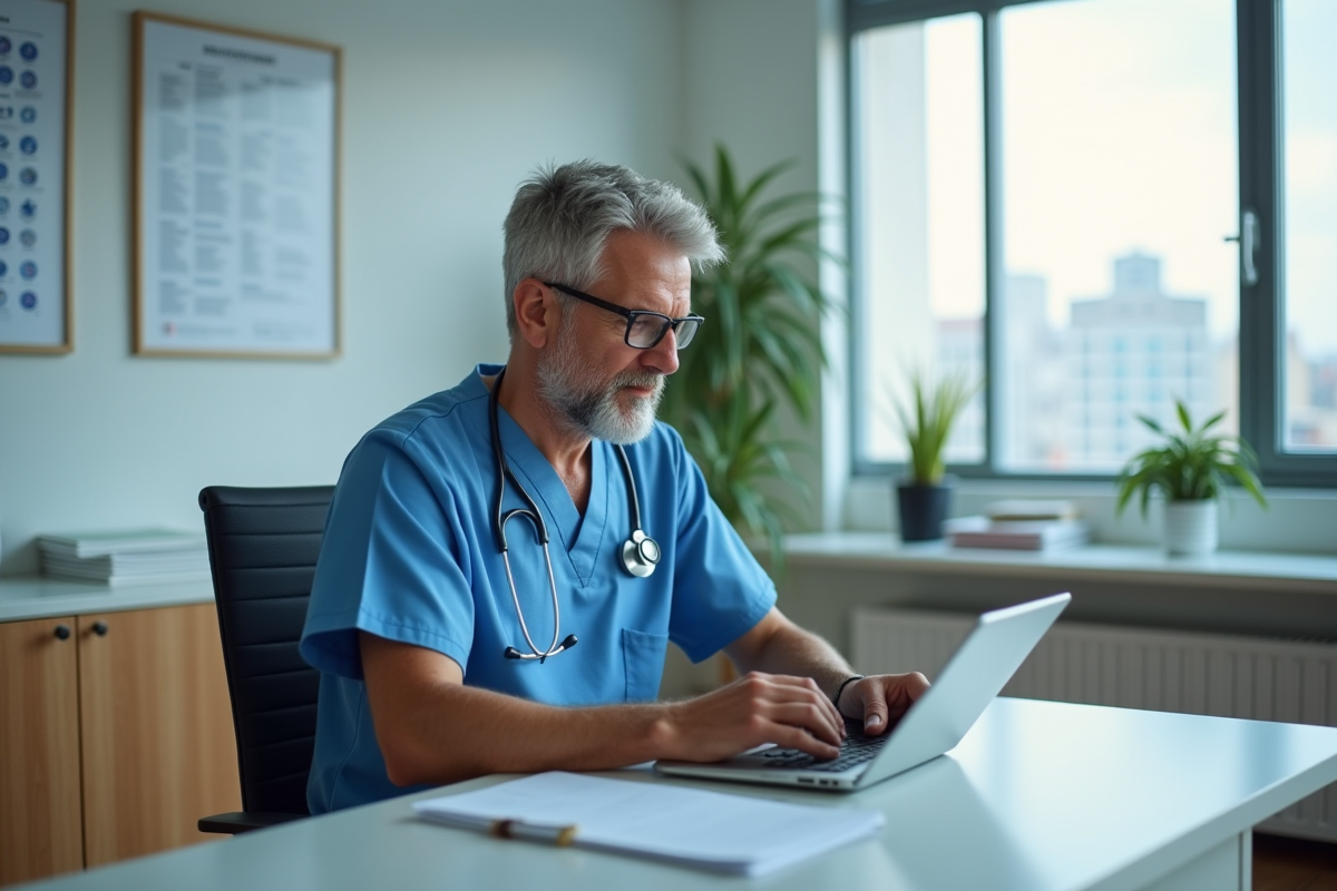Medecin en scrubs travaillant sur une tablette en clinique
