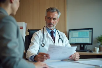Médecin consultant les résultats d'analyse sanguine montrant des transaminases SGPT élevées après une infection virale