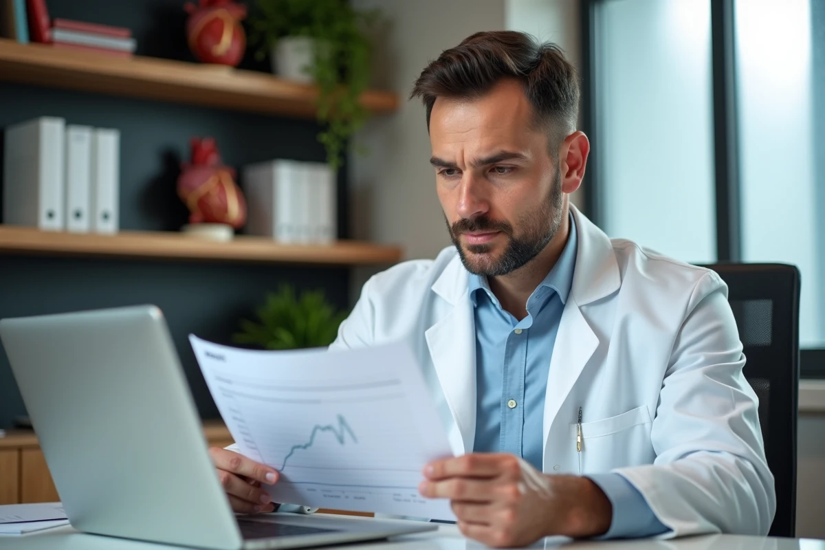 Médecin du sport analysant des résultats d'analyses biologiques dans son cabinet, illustrant l'interprétation des D-dimères élevés chez les sportifs et la distinction entre faux positifs et vraies alertes