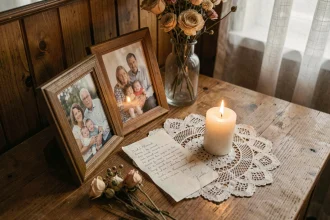 Table commémorative avec photos de famille encadrées, fleurs séchées et lettre manuscrite évoquant le deuil