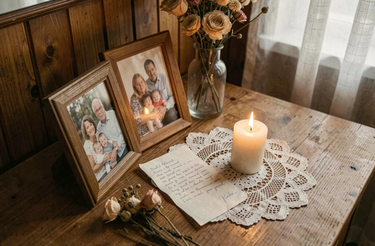 Table commémorative avec photos de famille encadrées, fleurs séchées et lettre manuscrite évoquant le deuil
