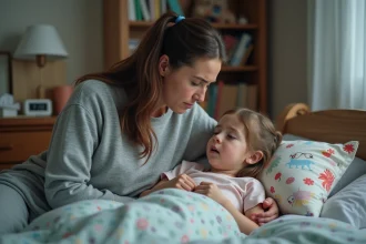 Mère réconfortant sa fille malade dans le lit