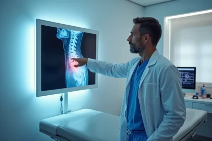 Neurochirurgien examinant une IRM lombaire montrant une hernie discale lors d'une consultation à Tours