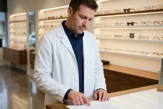 Opticien consultant un contrat de franchise dans son magasin d'optique moderne