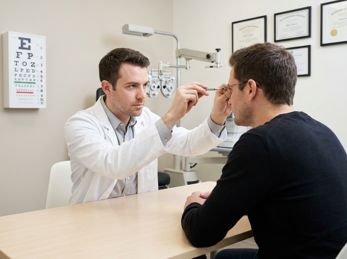 Opticien ajustant des lunettes pour un client dans un cabinet d'optique à Saint-Étienne