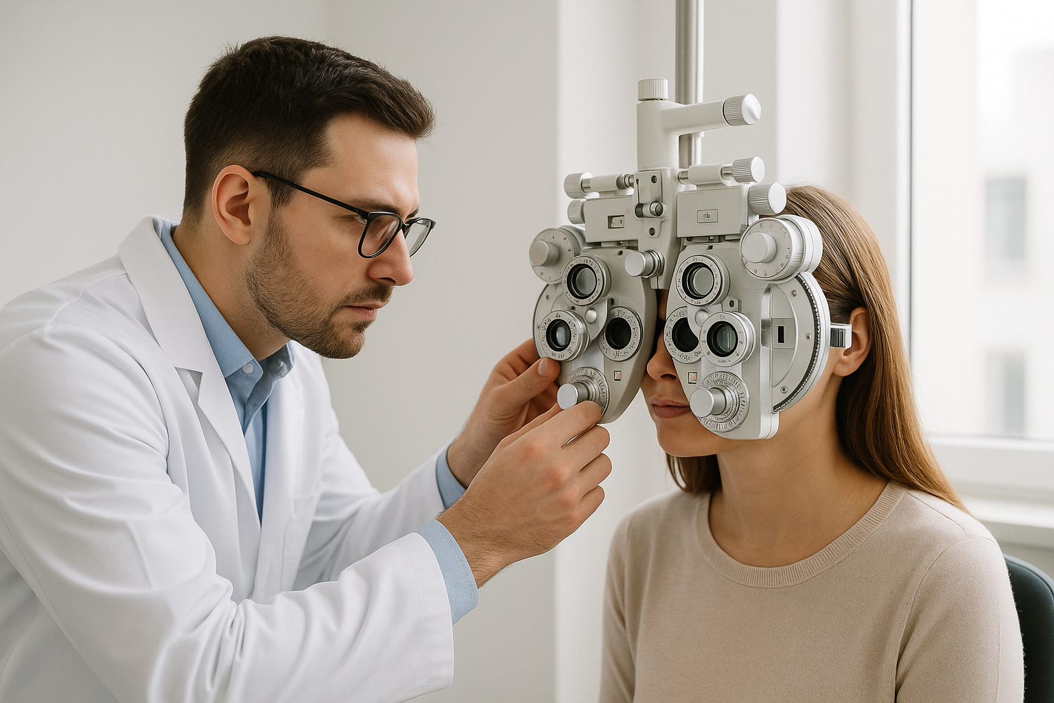 Optometristes examinant un patient avec un phoropt&egrave;re