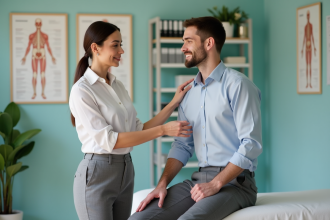 Osteopathe femme évaluant le cou d'un jeune homme dans un cabinet moderne