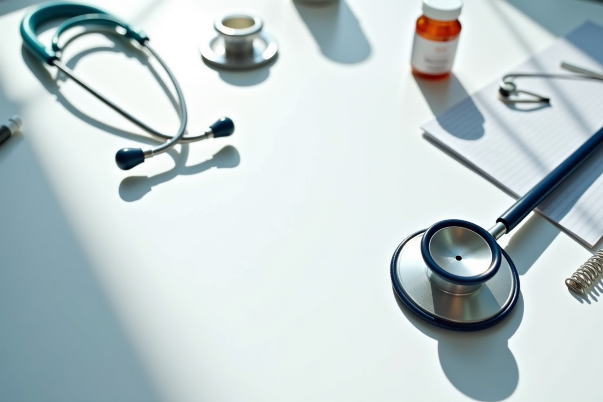 Outils médicaux organisés sur une table en lumière naturelle