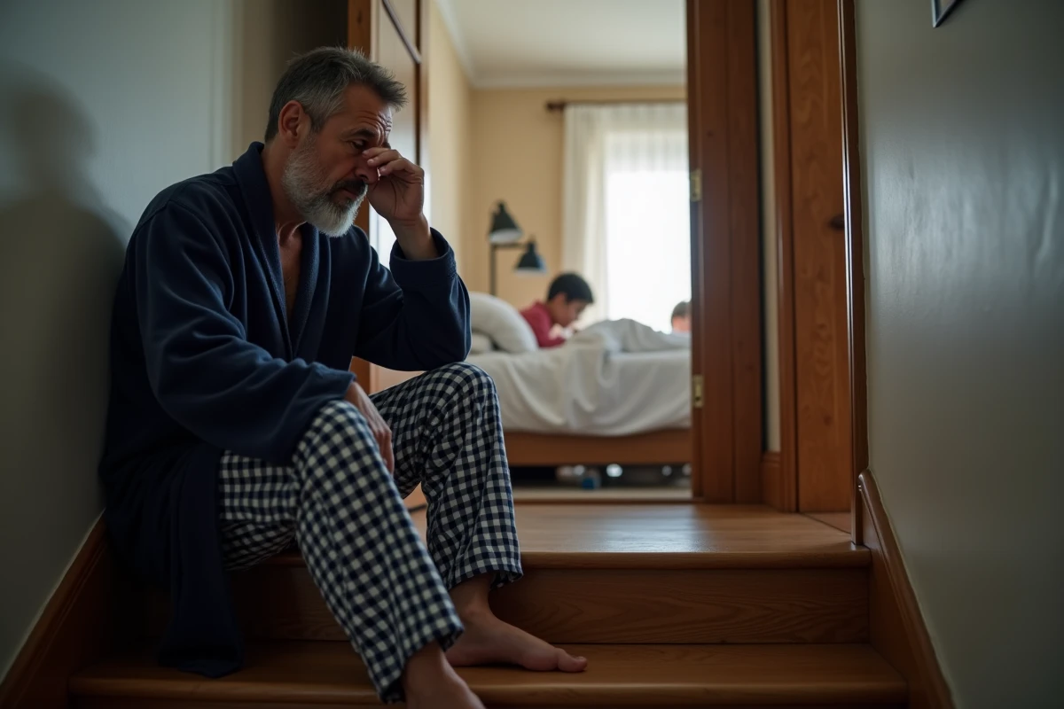 P&egrave;re fatigu&eacute; assis sur l