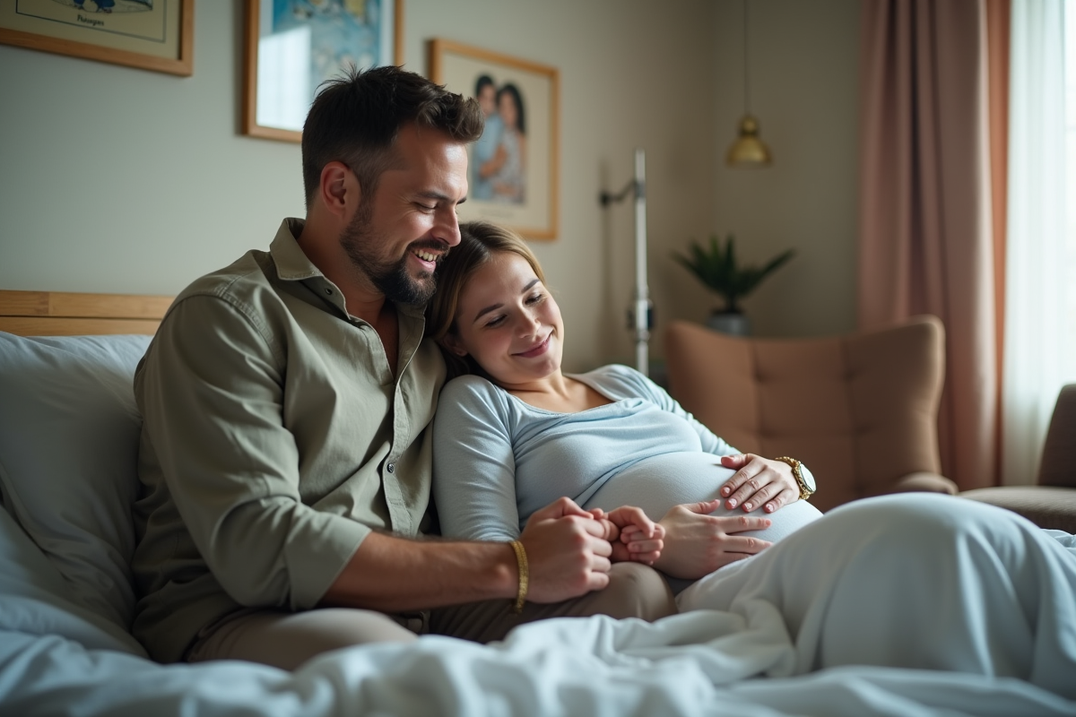 Partenaire soutenant une femme en travail dans la chambre