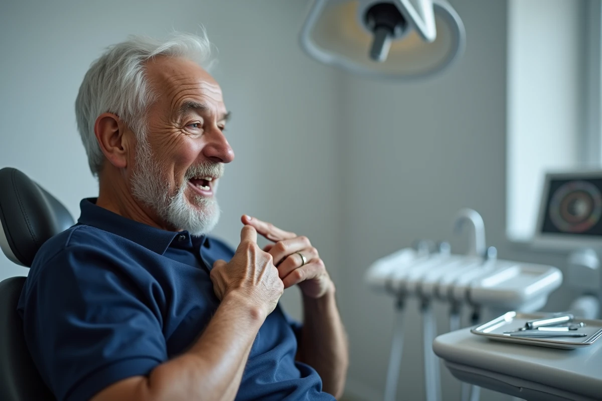 Patient âgé consultant son dentiste pour des problèmes d'instabilité ou de frottements de son dentier