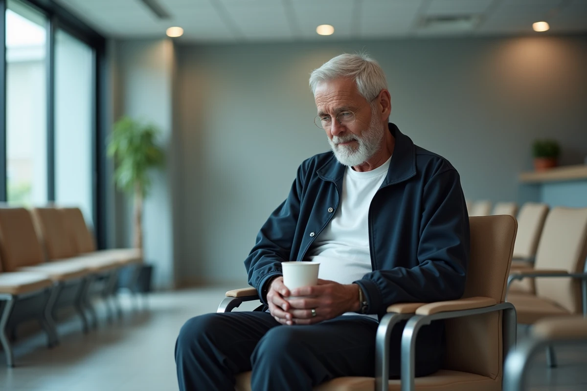 Homme âgé assis seul dans une salle d'attente d'oncologie, pensif, attendant des résultats médicaux après un traitement contre le cancer