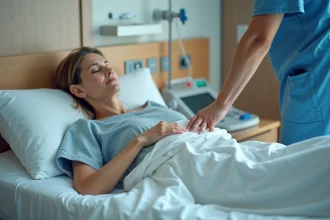 Patient femme allongée sur son côté dans une chambre d'hôpital