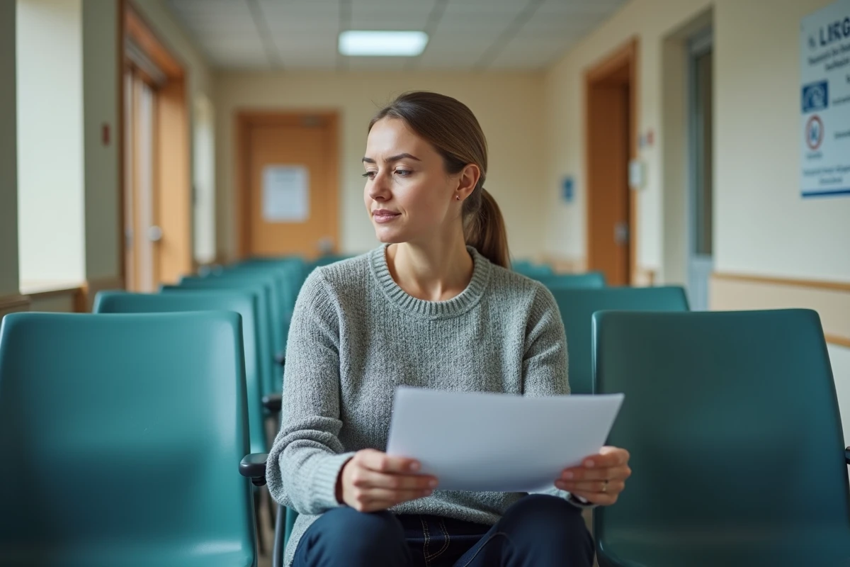 Patiente en salle d'attente tenant ses résultats d'analyses hépatiques lors d'un suivi médical post-infection virale