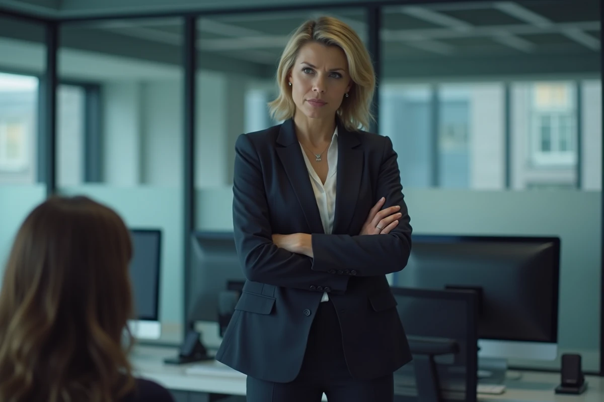Femme au comportement dominant et narcissique dans un bureau face à une collègue intimidée, signes d'une perversion narcissique en milieu professionnel