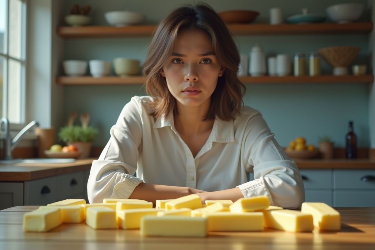 Personne seule dans la cuisine entourée de beurre ouvert