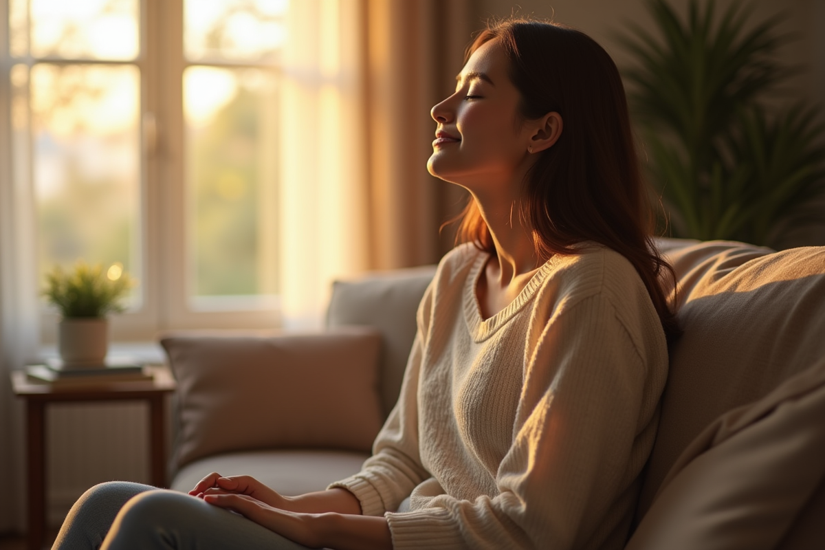 Personne assise paisiblement dans un salon lumineux