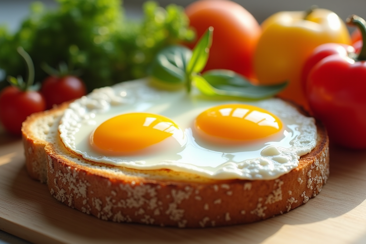 Petit déjeuner avec œufs au plat sur toast complet dans une cuisine lumineuse