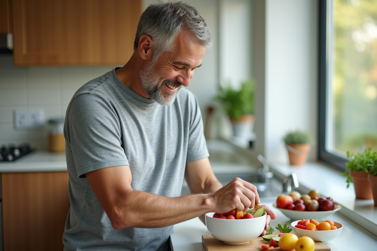 Homme souriant préparant un bol de fruits dans la cuisine
