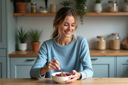 Femme souriante préparant un bol de yaourt aux fruits