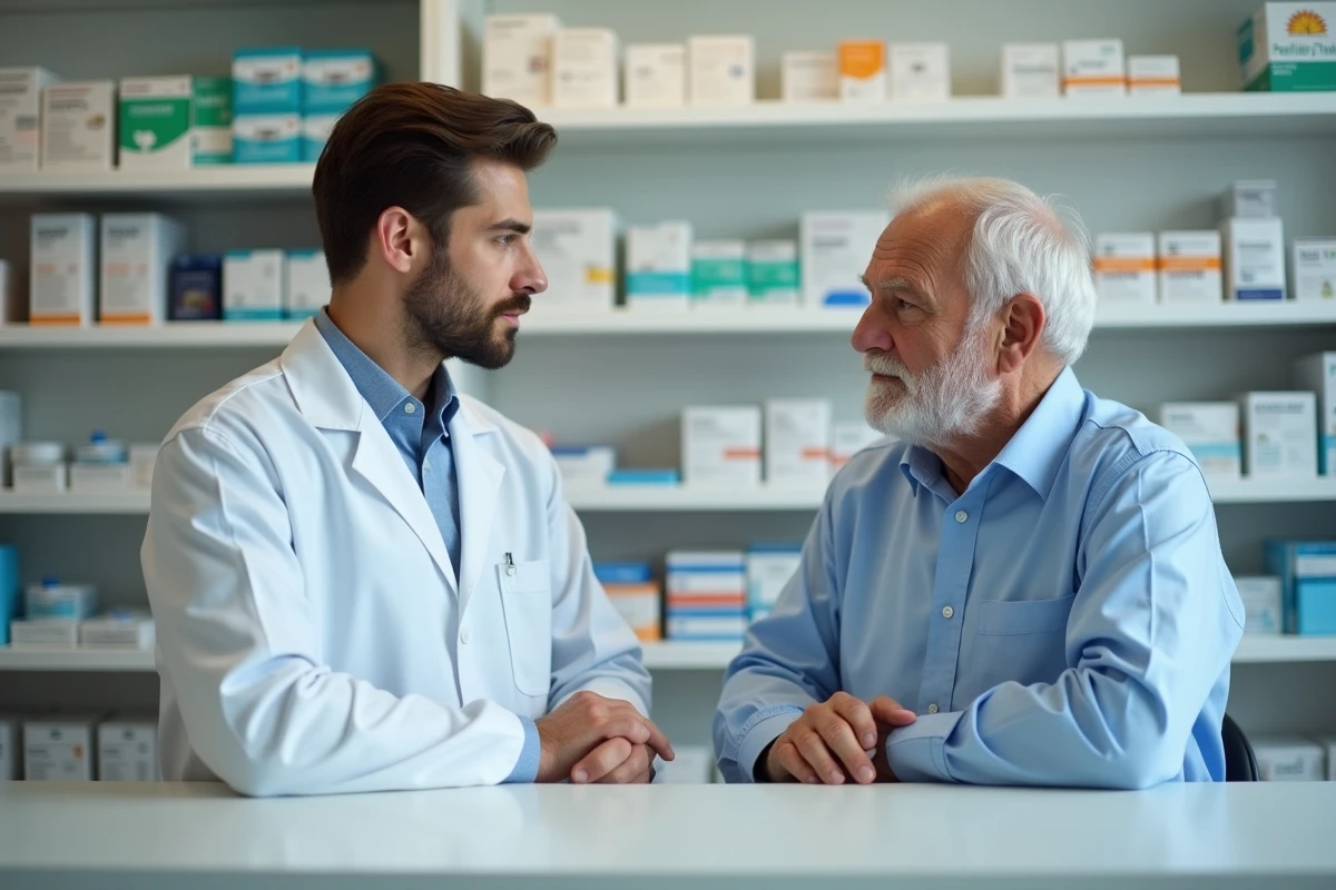 Jeune pharmacien conseillant un homme &acirc;g&eacute; au comptoir