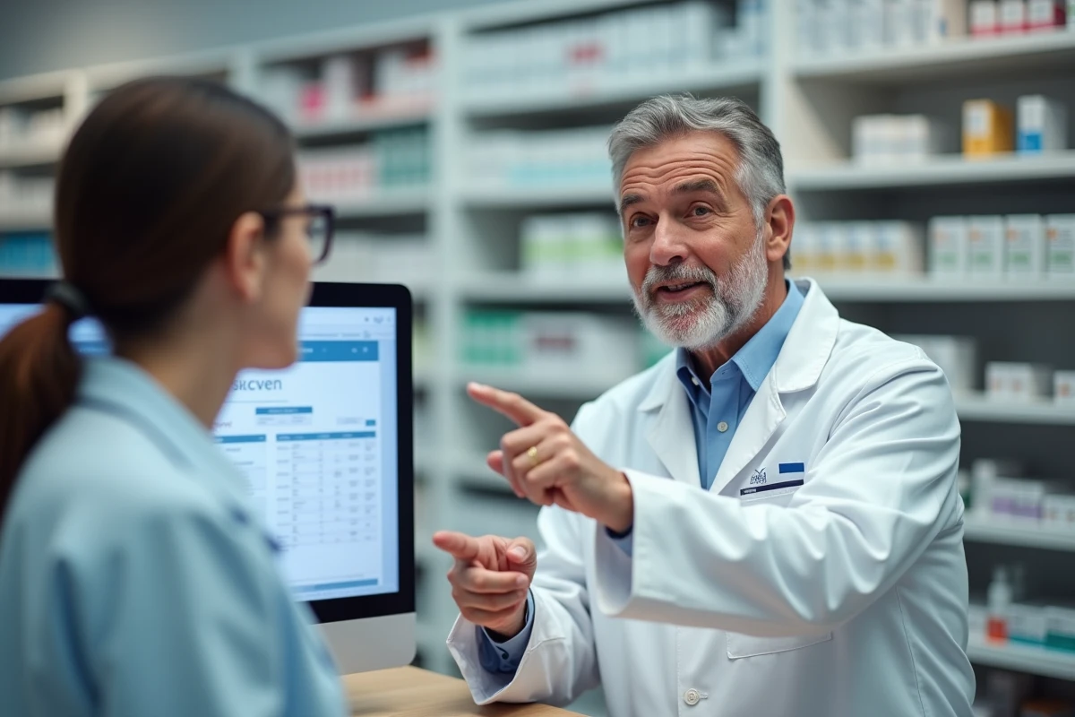 Pharmacien expliquant l'accès aux résultats d'analyses biologiques en ligne à un patient au comptoir d'une pharmacie