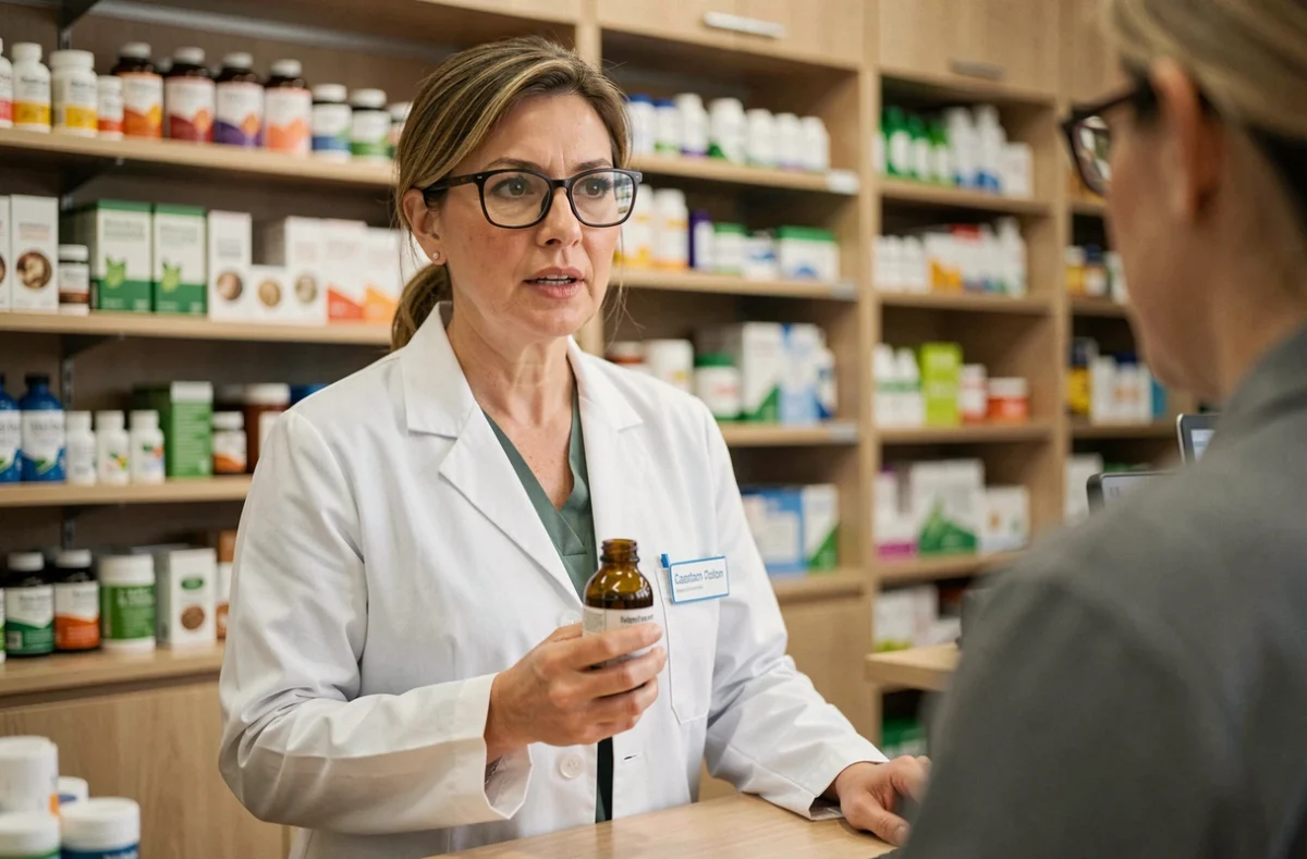 Pharmacienne tenant un flacon d'huile de ricin et donnant des conseils à un client en pharmacie