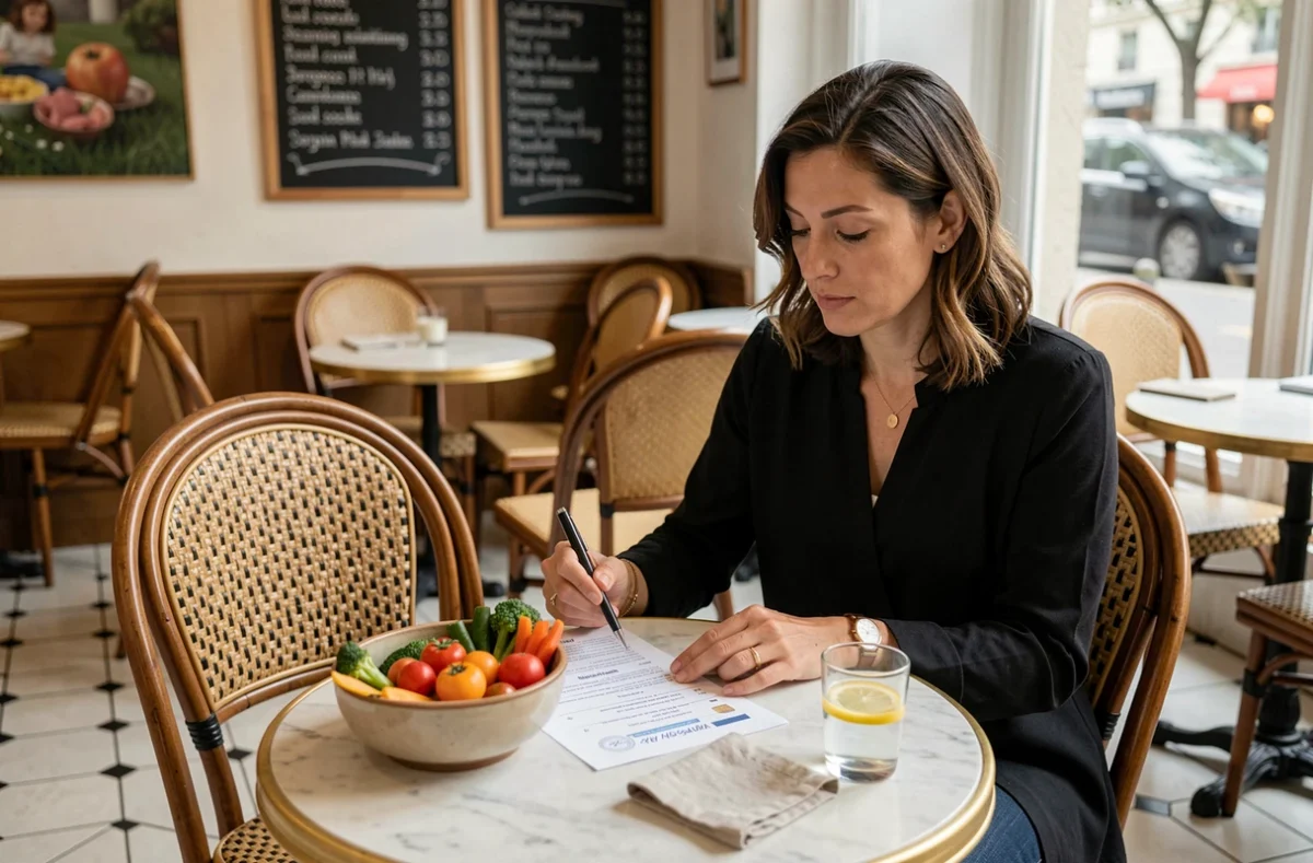 Femme consultant un plan nutritionnel personnalisé dans un café parisien, approche globale de la gestion du poids et de l'énergie