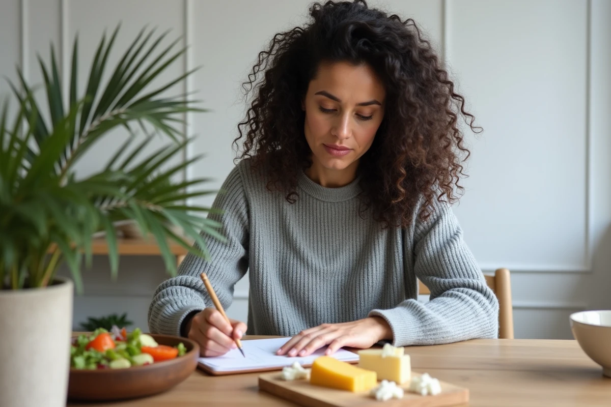 Femme planifiant ses repas avec des portions mesurées de fromage et une salade dans une salle à manger, gestion du diabète par l'alimentation