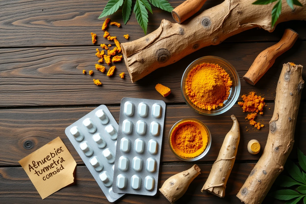 Vue de dessus de plantes médicinales pour l'arthrose comme le curcuma et la griffe du diable, disposées avec des médicaments classiques sur bois rustique