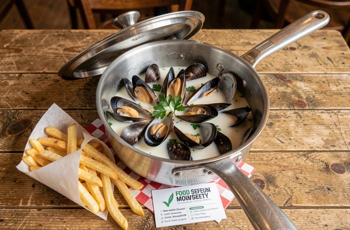 Gros plan d'un plat de moules frites avec une note sur la sécurité alimentaire en restaurant