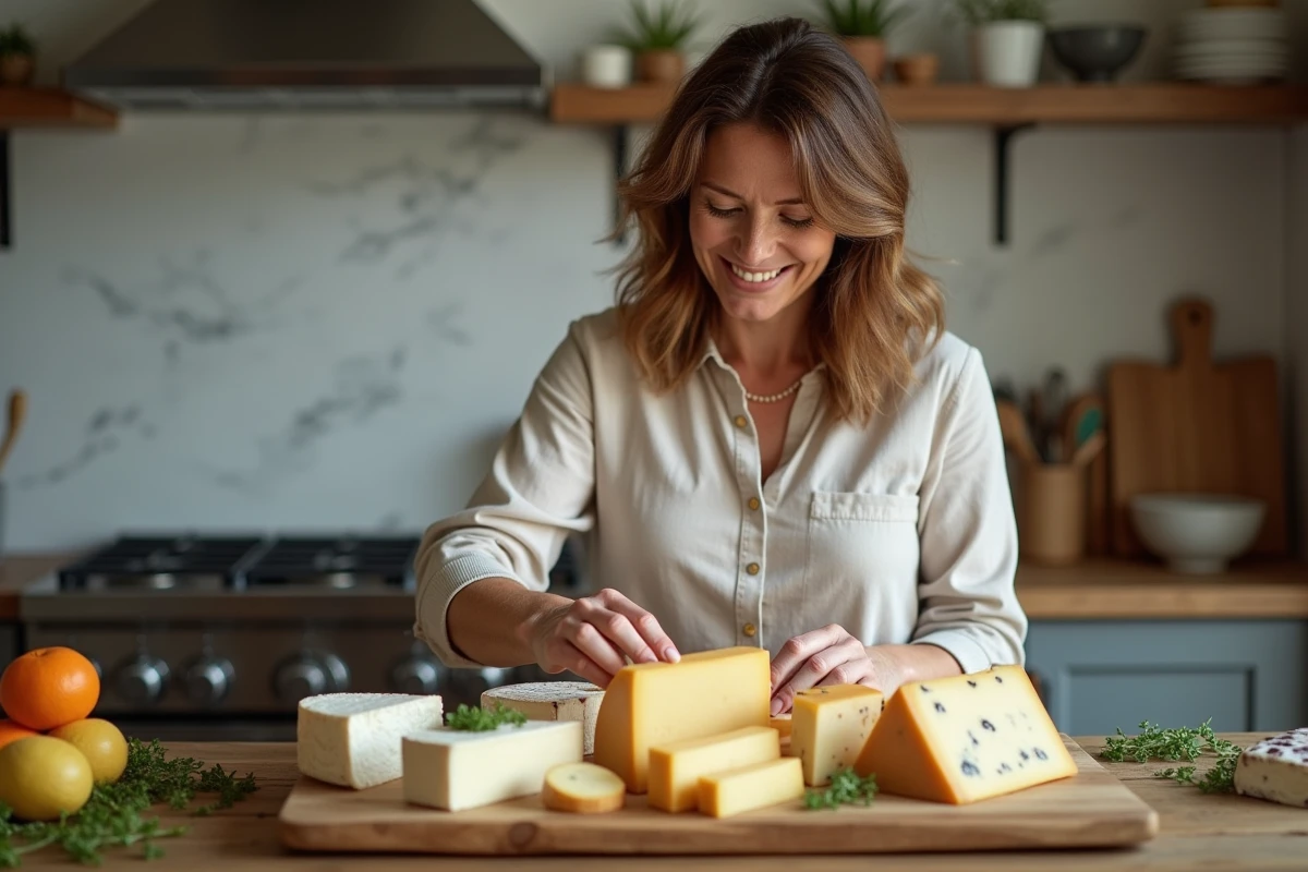 Femme arrangeant une sélection de fromages artisanaux sur une planche en bois dans une cuisine, idéal pour un régime diabétique équilibré
