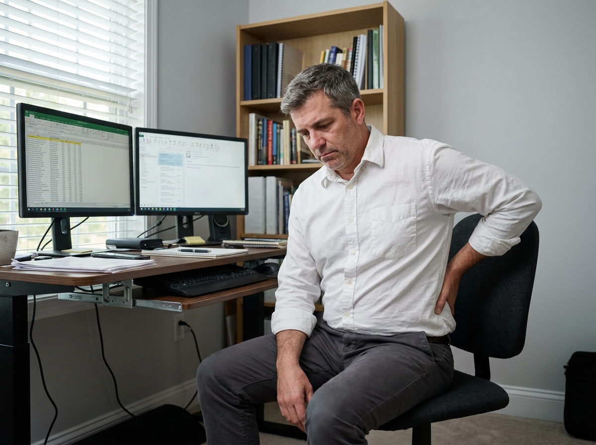 Homme en télétravail assis sur une chaise de bureau non ergonomique, posture avachie révélant une douleur au bas du dos