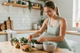 Femme préparant des repas équilibrés adaptés à son cycle menstruel dans une cuisine moderne avec des aliments riches en nutriments