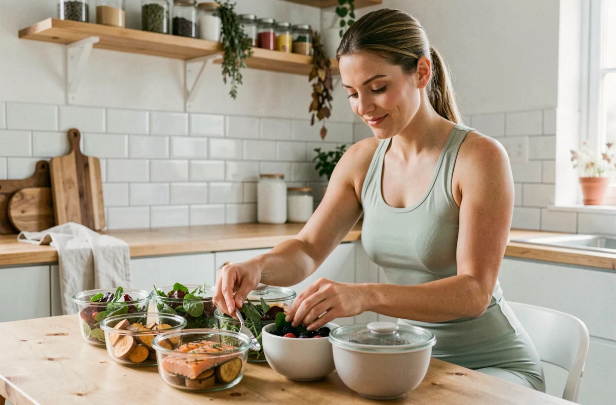 Femme préparant des repas équilibrés adaptés à son cycle menstruel dans une cuisine moderne avec des aliments riches en nutriments