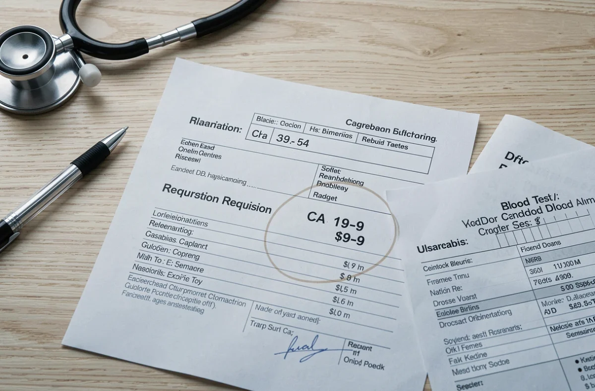 Formulaire de prescription du marqueur CA 19-9 et résultats d'analyse biologique sur un bureau médical
