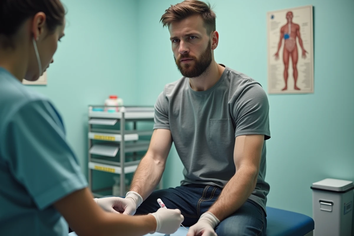 Prise de sang en cabinet médical pour analyser un taux de ferritine élevé chez un homme adulte